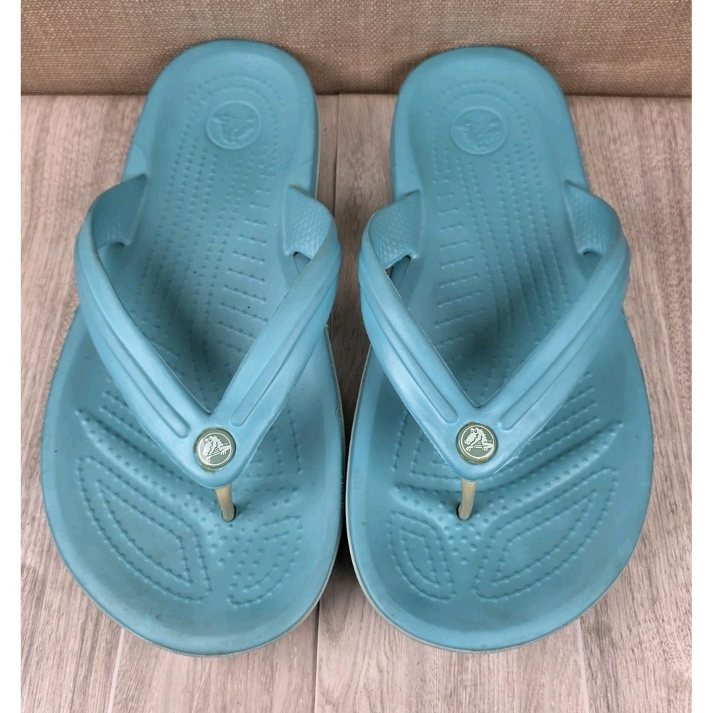 Crocs Crocband Flip Flops Womens 8 Mens 6 Teal White Thong Sandals Beach Pool